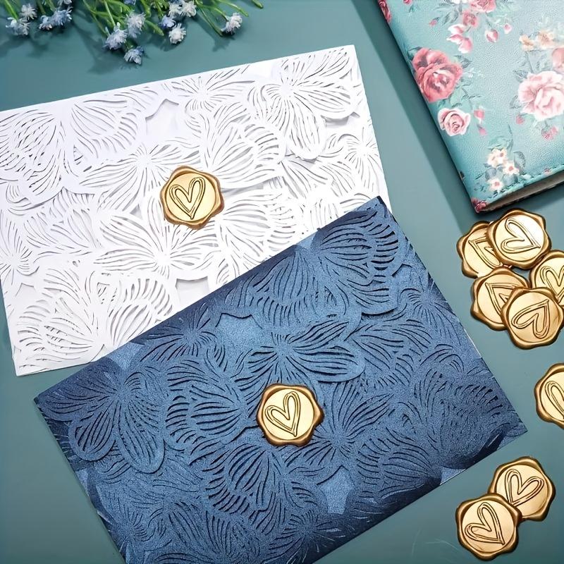 2Pcs Golden Heart Pattern Adhesive Wax Seals Sealing Stickers for Wedding Invitations, Gift Envelopes Seals with Elegant Sealing Design
