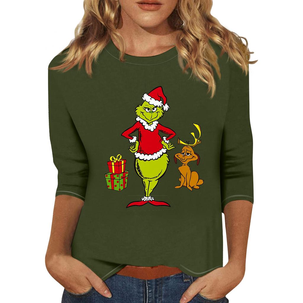 3/4 Sleeve Tops For Women T-Shirt Casual Christmas Print Tops T Shirt Round Neck Pullover Blouse