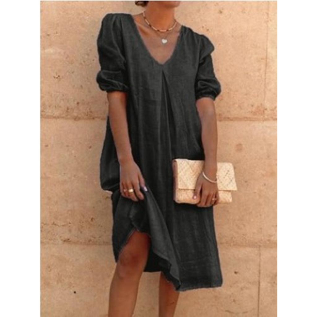 Women's V Neck Three Quarter Sleeve Loose Linen Midi Dress Casual Summer Tunic Dress