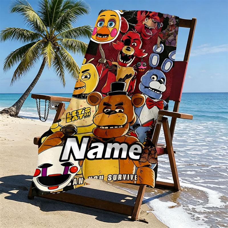 Personalisierter Strandtuch mit individuellem Namen für Five Nights at Freddy's, für Reise Camping Strandparty Heimdekoration, Geburtstagsgeschenk für Familie & Freunde