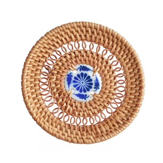 Handmade Rattan Coasters Heat Insulation Pads Kitchen Table Mats with Ceramic Inlay Decorative Placemats for Dining Room Bar