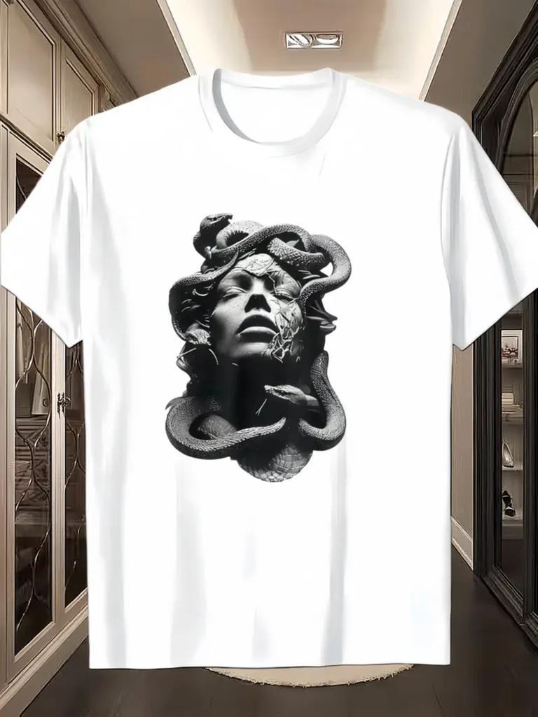 Men'S Medusa Greek Mythology Patterned T-Shirt, Casual Short-Sleeve Round-Neck Tee, Gothic Street Fashion Top