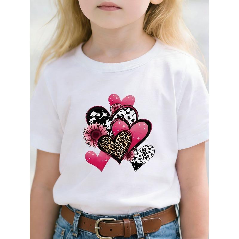 European sizes Girls  Short Sleeve T-Shirt - Colorful Heart & Pink Flower Blouse-Compatible Tee Suitable for Casual Outfits, Regular Fit for Jeans 110 белый