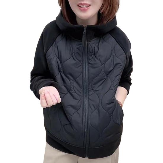 Women's Puffer Jacket Lightweight Zip Up Long Sleeve Hooded Jacket Patchwork Quilted Down Coat Winter Warm Outerwear