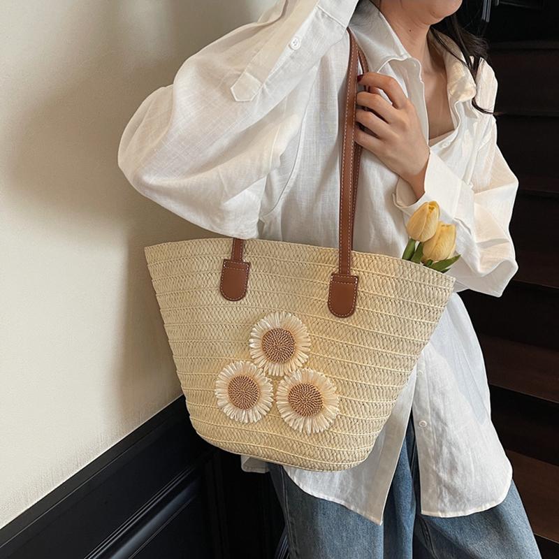 Yogodlns Damen Sommer Stroh Gewebt Große Kapazität Korb Schultertasche Handtaschen Mode Floral Dekor Luxus Designer Strand Bali Shopper Totes