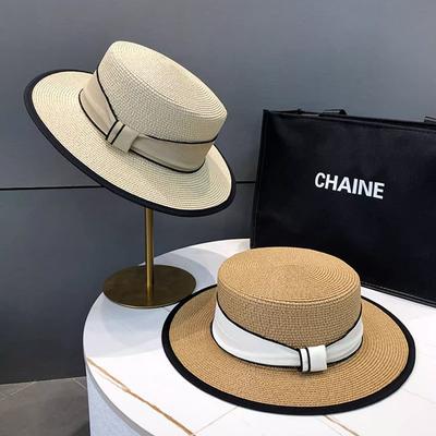 New French Flat Top Straw Hat Children's Summer Straw Top Hat Seaside Sunshade Sunscreen Hat Beach Sun Hat