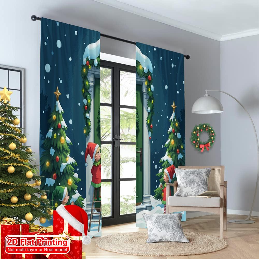 2pcs 2D flat printing Christmas Window Curtains Christmas Front Door Wreath Decorating 100% Polyester Fabric Without Electricity