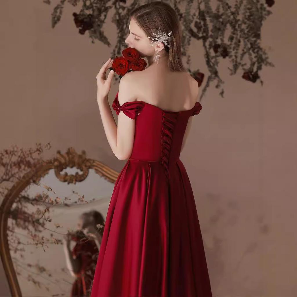Rochie de seară one-word shoulder toast 1011 nouă, de banchet, culoarea vinului, rochie lungă în stil străin, mireasă, nuntă, logodnă