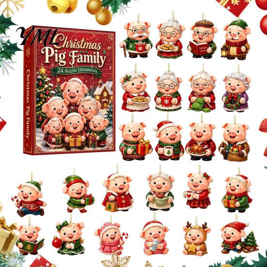 Family Christmas Tree Decor Piggy Advent Calendar, 2D Flat Acrylic 24 Days Hanging Blind Box Ornaments, Decorative Countdown Gift for Holiday