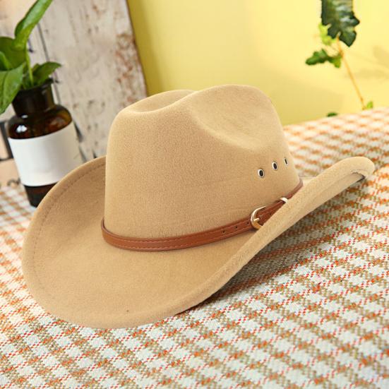 Ethnic Style Wide Brim Hemming Faux Leather Belt Decor Jazz Hat Western Cowboy Cowgirl Fedora Hat Fashion Accessories