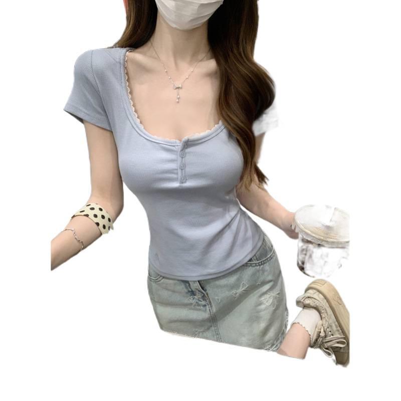 Spring/Summer Korean Style Lace Splice Square Neck Short Sleeve Women's T-Shirt