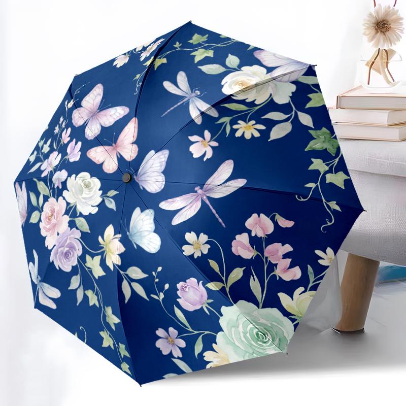 1pc Sturdy 8-Bone Auto Umbrella, Sky Blue Butterfly Lily Cluster Umbrella, Digital Printed, Foldable Umbrella for On-the-Go Outdoor Use