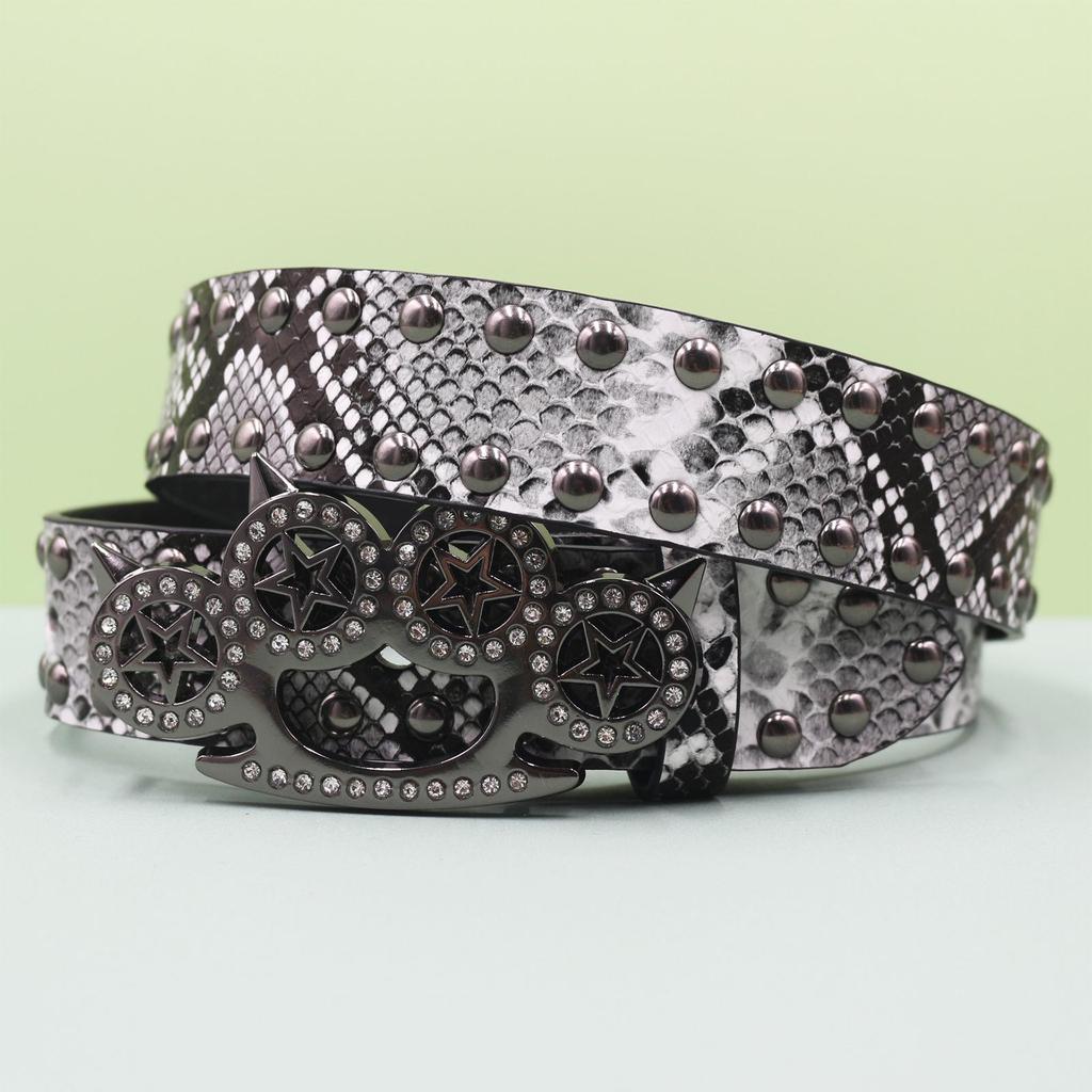 Rhinestone Tiger Claw Buckle Belt - Y2K Punk Rivet Women's Snake Skin Belt