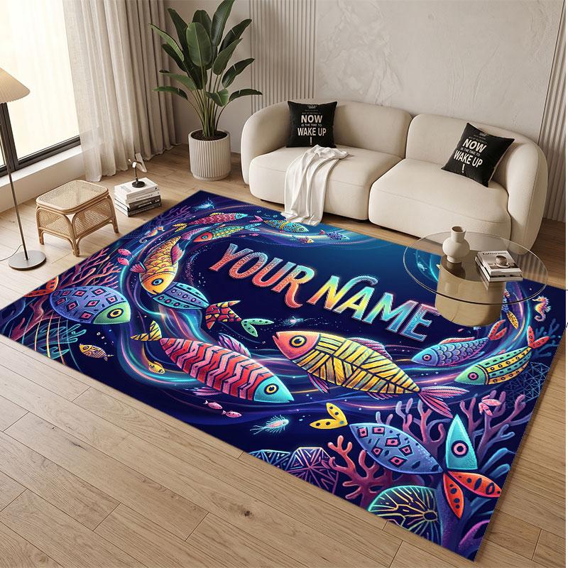 Fish Ocean Theme Soft Crystal Velvet Rug Custom Name & Text Print Non Slip Floor Rug for Bedroom Living Room