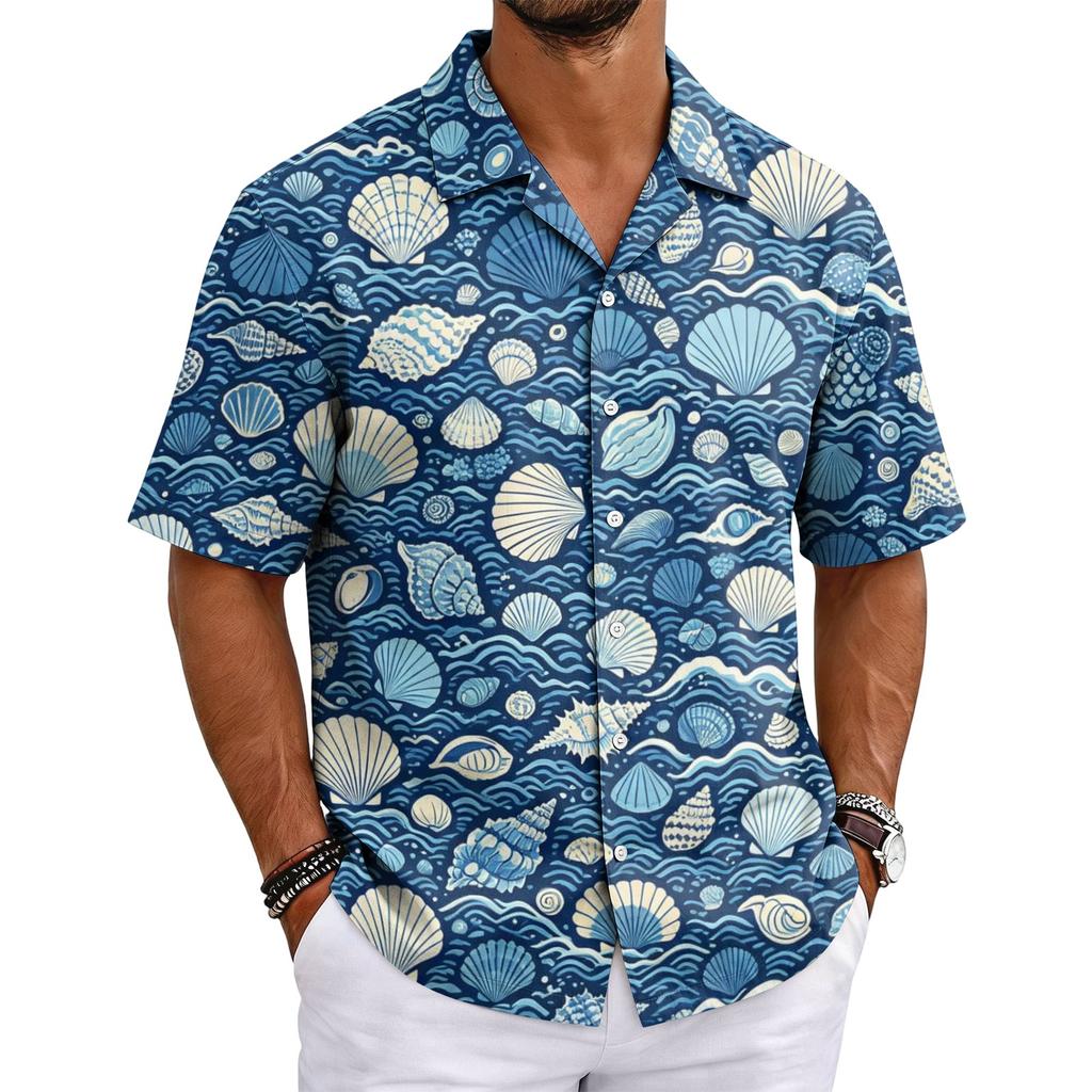 Herren Sommer Hawaiianhemd Kurzarm Kubanischer Kragen Knöpfe Casual Leichtes Atmungsaktives Gewebe Strandurlaub Hemd