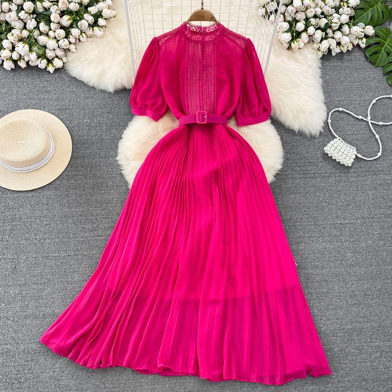 

Lace Chiffon Patchwork Dress Elegance Large Swing Short Sleeve Rose Red All yards