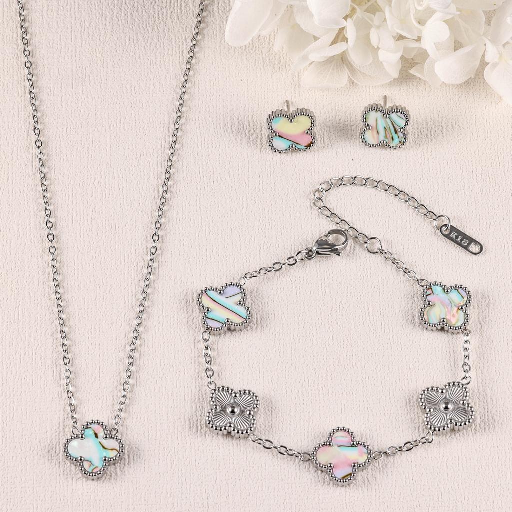 3-teiliges Kleeblatt Armband Halskette Ohrringe 18K Vergoldet Nicht Verblassend Leichter Luxus Mode Set