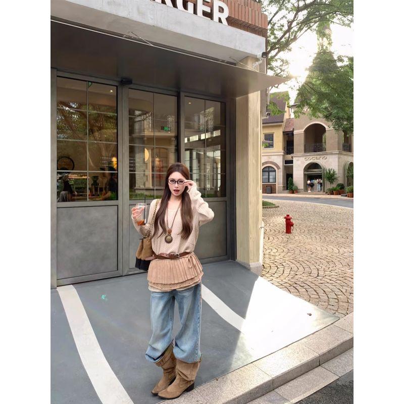 Kumikumi Fashion Suit Loose Long Sleeves Knitwear Women's Autumn High Waist Slimming Skirt Short Skirt Two-piece Set