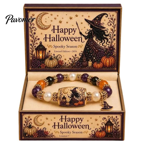 Cute Halloween Themed Gift Stretch Beaded Bracelet with Box, Black Cat Pumpkin Ghost Stylish Wrist Accessory for Parties Crow Witch Hat/Moon