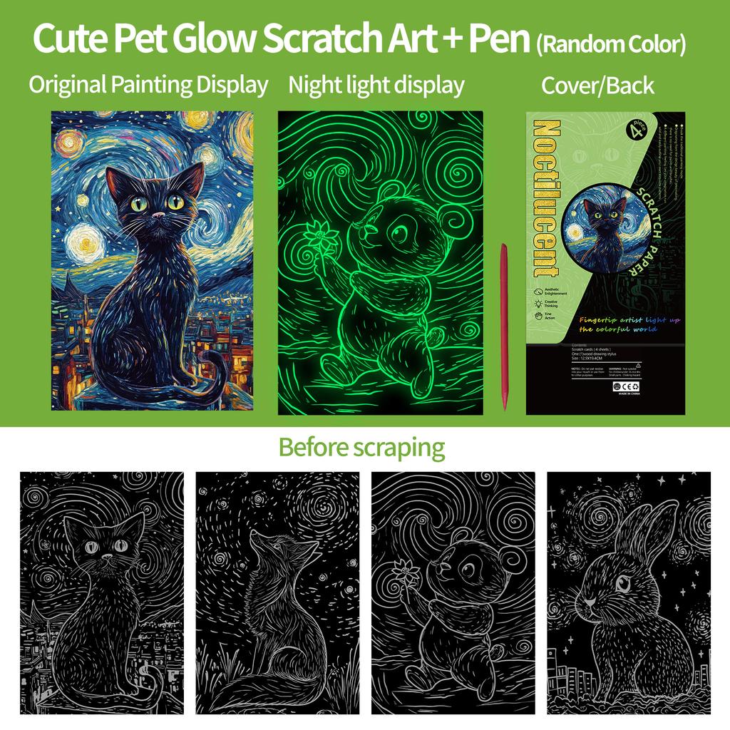 4 Pcs/Set A5 Noctilucent Diy Scratch Painting Cute Pet Animal Rabbit Panda Night Light Manual Scraping Painting Artistic Works