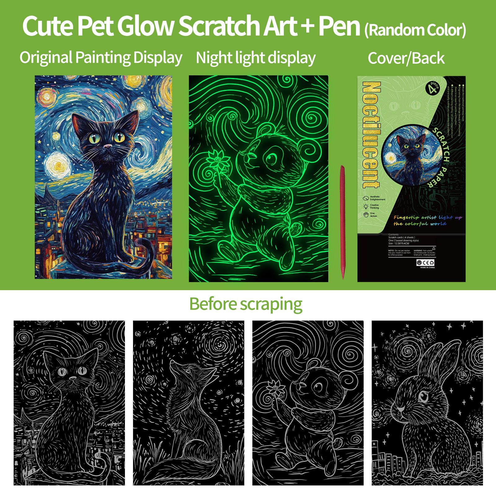 

4 Pcs/Set A5 Noctilucent Diy Scratch Painting Cute Pet Animal Rabbit Panda Night Light Manual Scraping Painting Artistic Works Set A5