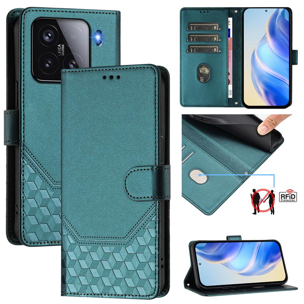 For Xiaomi 15 Case Imprinted Honeycomb RFID Blocking Leather Phone Cover with Strap