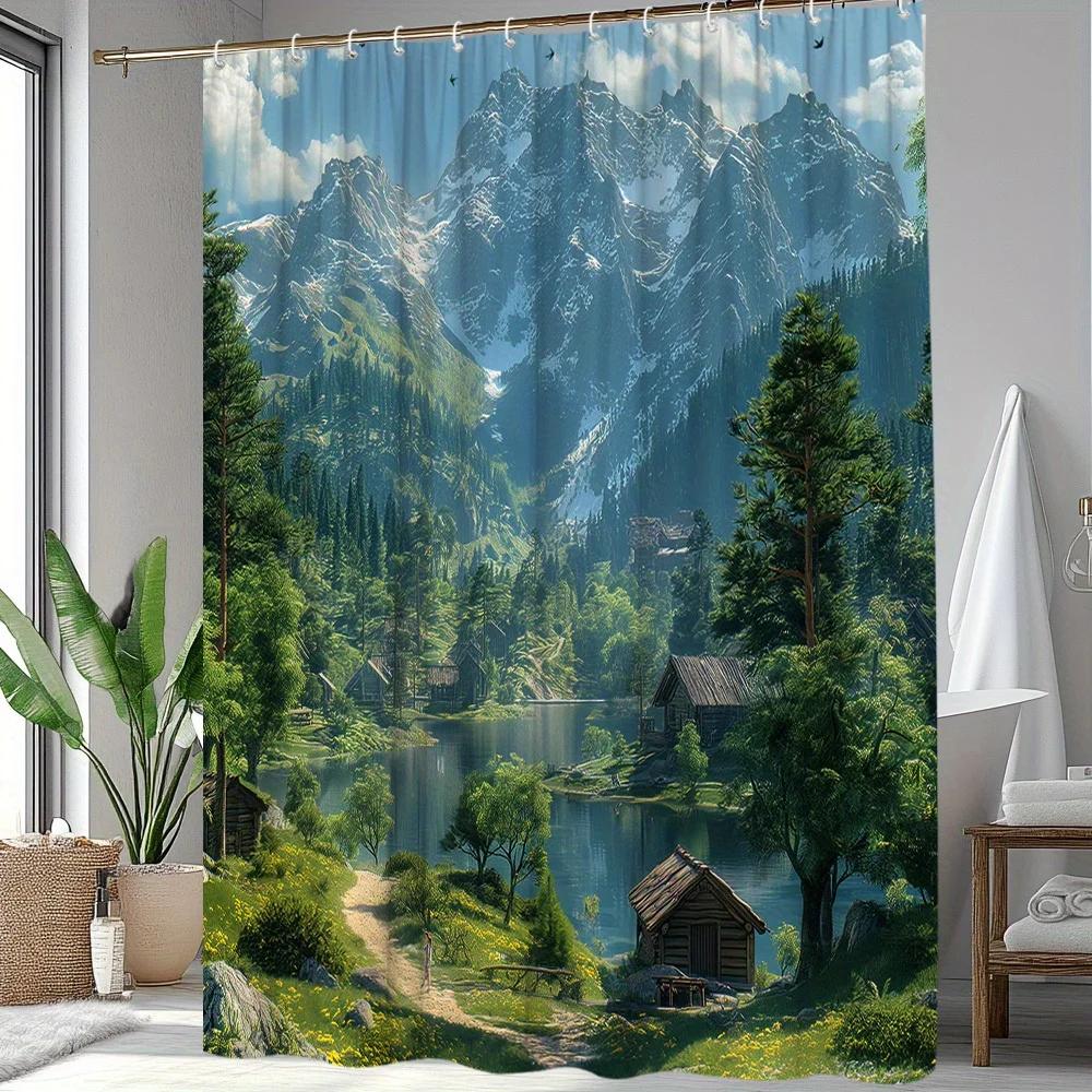1Pc Mountain Landscape Shower Curtain Natural Scenery Shower Curtain Polyester Fabric Bathroom Decoration Contains 12 Hooks 70.