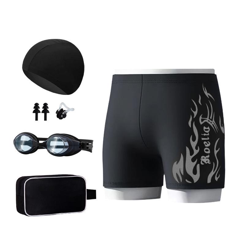 Nylon Flame Men's Swim Trunks & Goggles Set - Quick-Dry Square Leg Training Swimwear