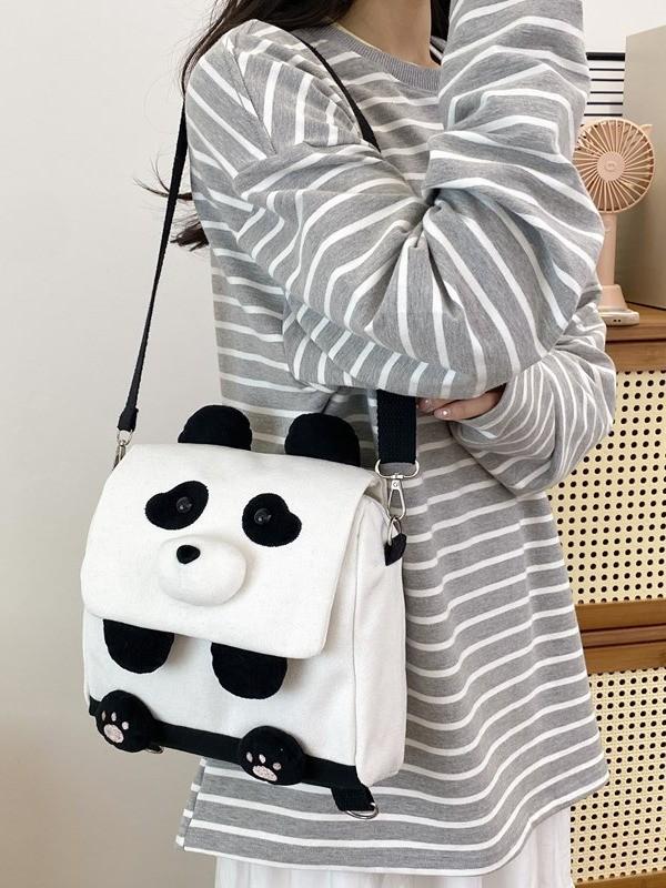 Cute Cartoon Panda Canvas Bag With Zipper Closure For Daily Use And School