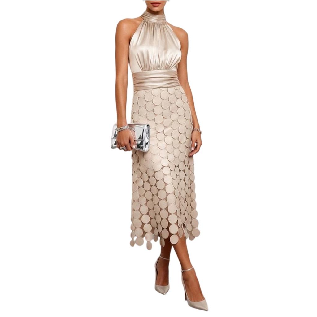 Abito senza maniche con scollo all'americana Top in raso con sovrapposizione di paillettes circolari Gonna midi Abito casual per le vacanze per donna