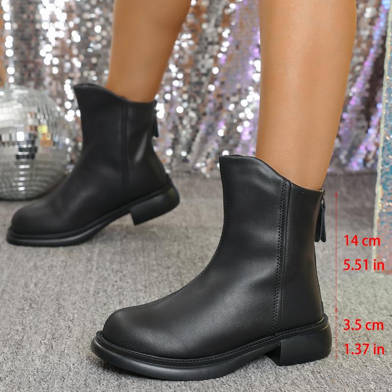 Classic Pu Solid Black Rear Zipper Riding Boots Women 2025 Winter Round Toe Medium Heel Ankle Boots Winter Warm Non Slip Shoes