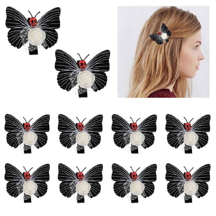 10Pcs Spooky Butterfly Skull Hair Clip Halloween Themed Skeleton Butterfly Hair Clasps Accessory for Costume Fun