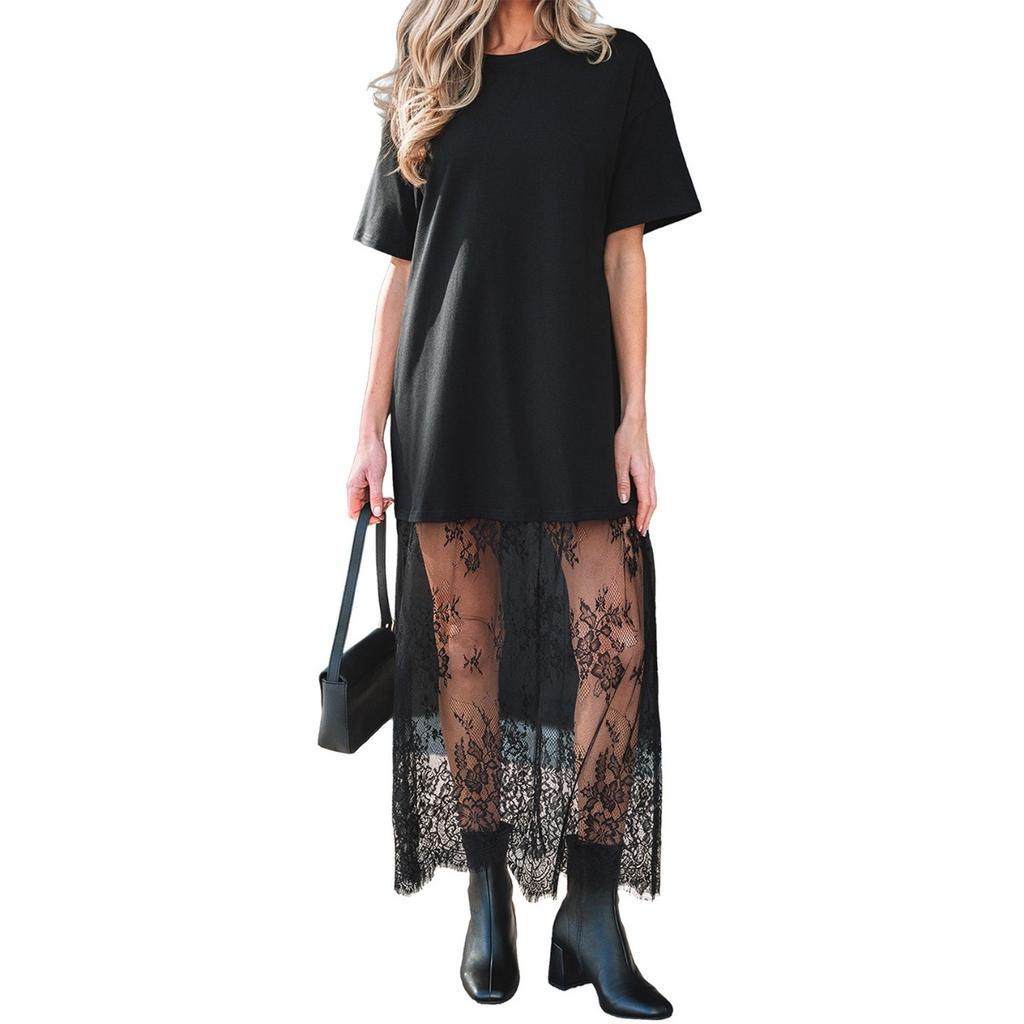 Abito Lungo da Donna Girocollo Manica Corta Vestibilità Ampia Vita Alta Casual Patchwork di Pizzo