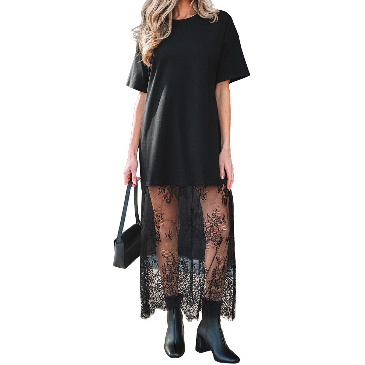 Women s Round Neck Short Sleeve Maxi Dress Loose Fit High Waist Casual Lace Patchwork Dress S