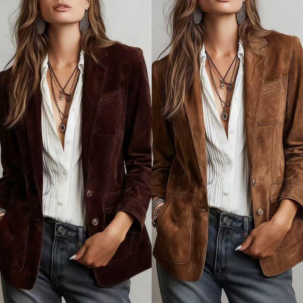 Elegant Brown Suede Plush Women's Jacket with Pockets and Buttons - 2026 Autumn Collection