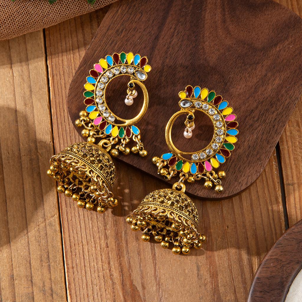 Indian Peacock Tail Painted Rhinestone Bell Earrings for Women Unique Design Pearl Luxury Vintage Long Earrings