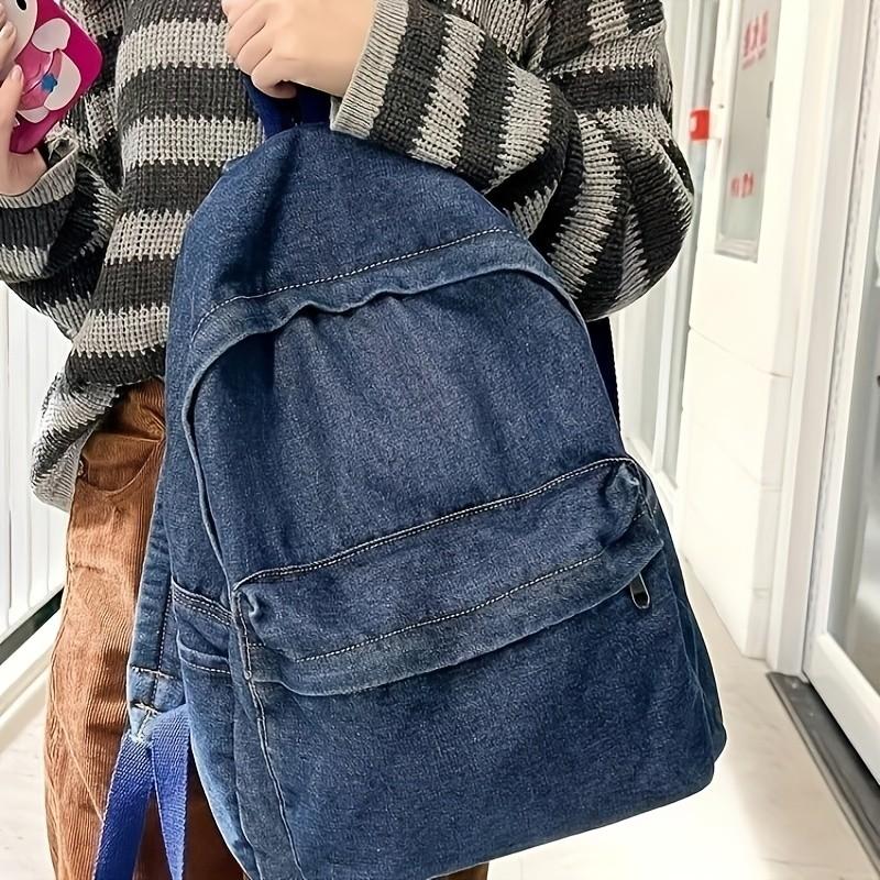

Vintage Washed Denim Backpack Large Capacity Stylish & Versatile Design with Front Pockets Perfect for School Travel and Everyday Use синий