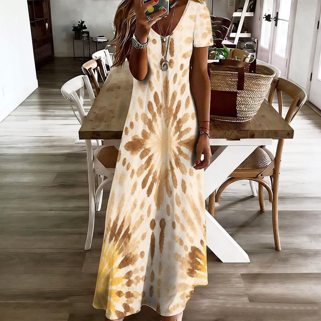 Women Plus Size V Neck Short Sleeve Printed Straight Maxi Dress