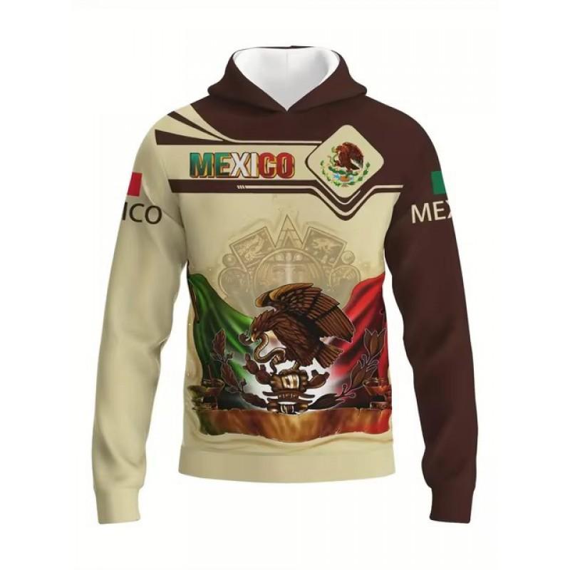 Unisex Hooded Sweatshirt With 3D Digital Print Mexican Flag Emblem Fleece-Lined Winter
