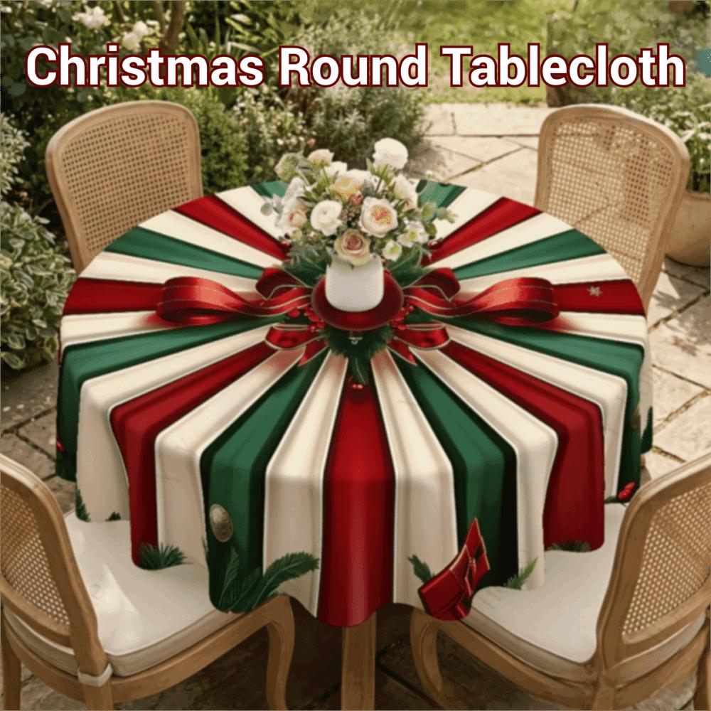Waterproof 2D Flat Tablecloth Red Green Contrast Color Stain-resistant Christmas Round Tablecloth Non-slip Candy Stripe