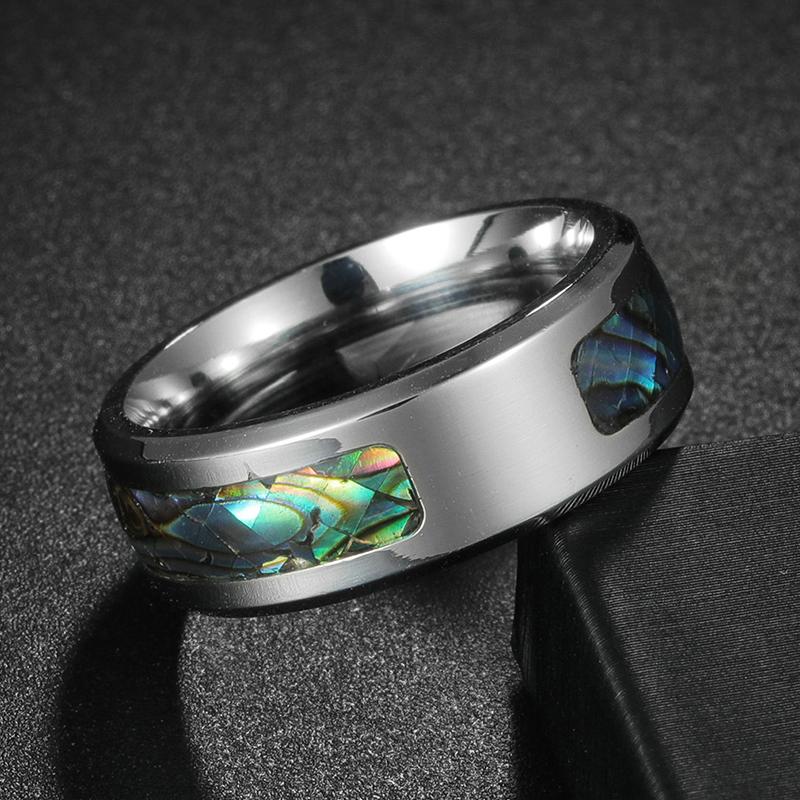 Customizable Fashion 8mm  Stainless Steel Ring for Men Women Colorful Abalone Shell Inlaid Ring Men Wedding Party Jewelry