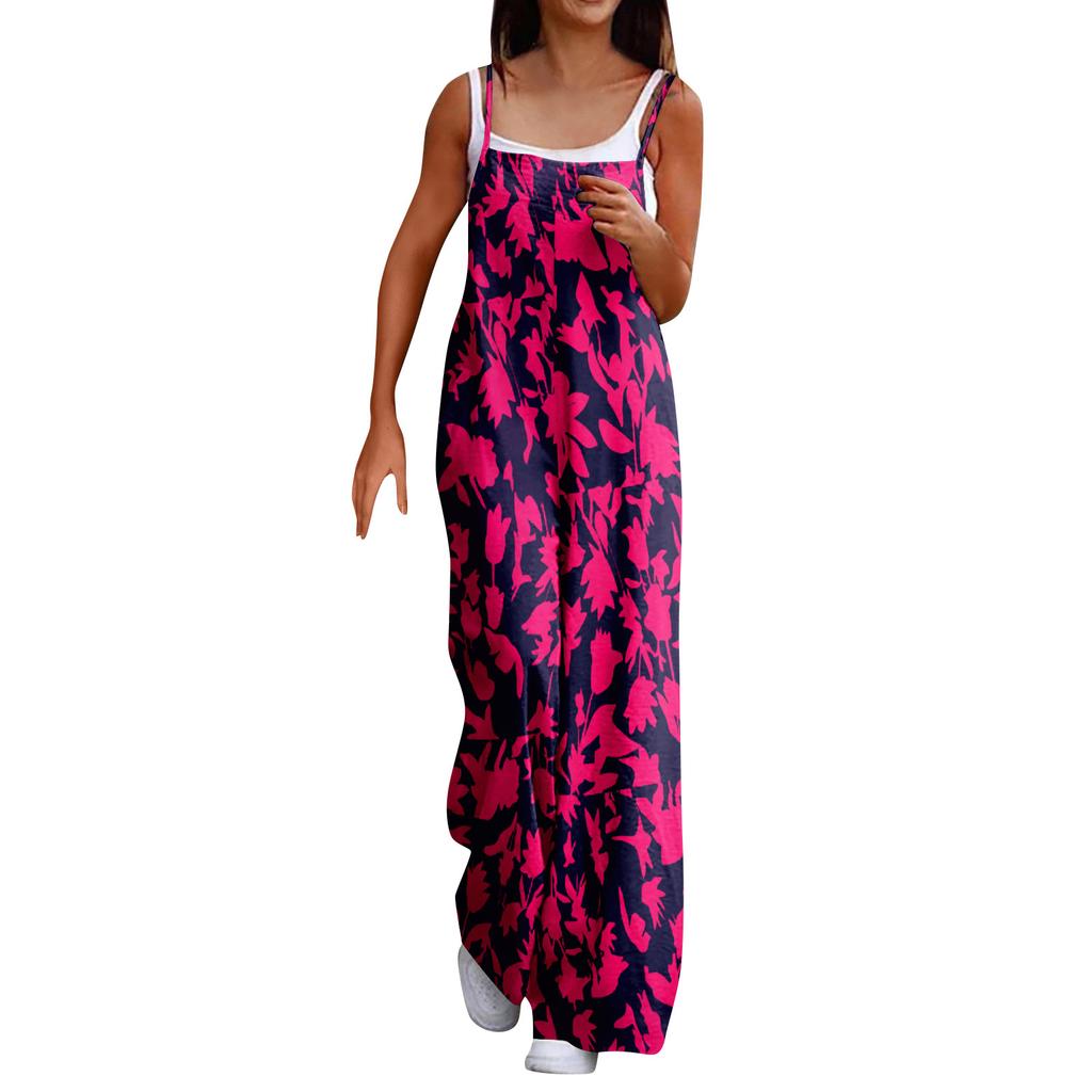 Wide Leg Overalls For Women Casual Loose Sleeveless Print Button Long Pant Romper Jumpsuit With Pockets