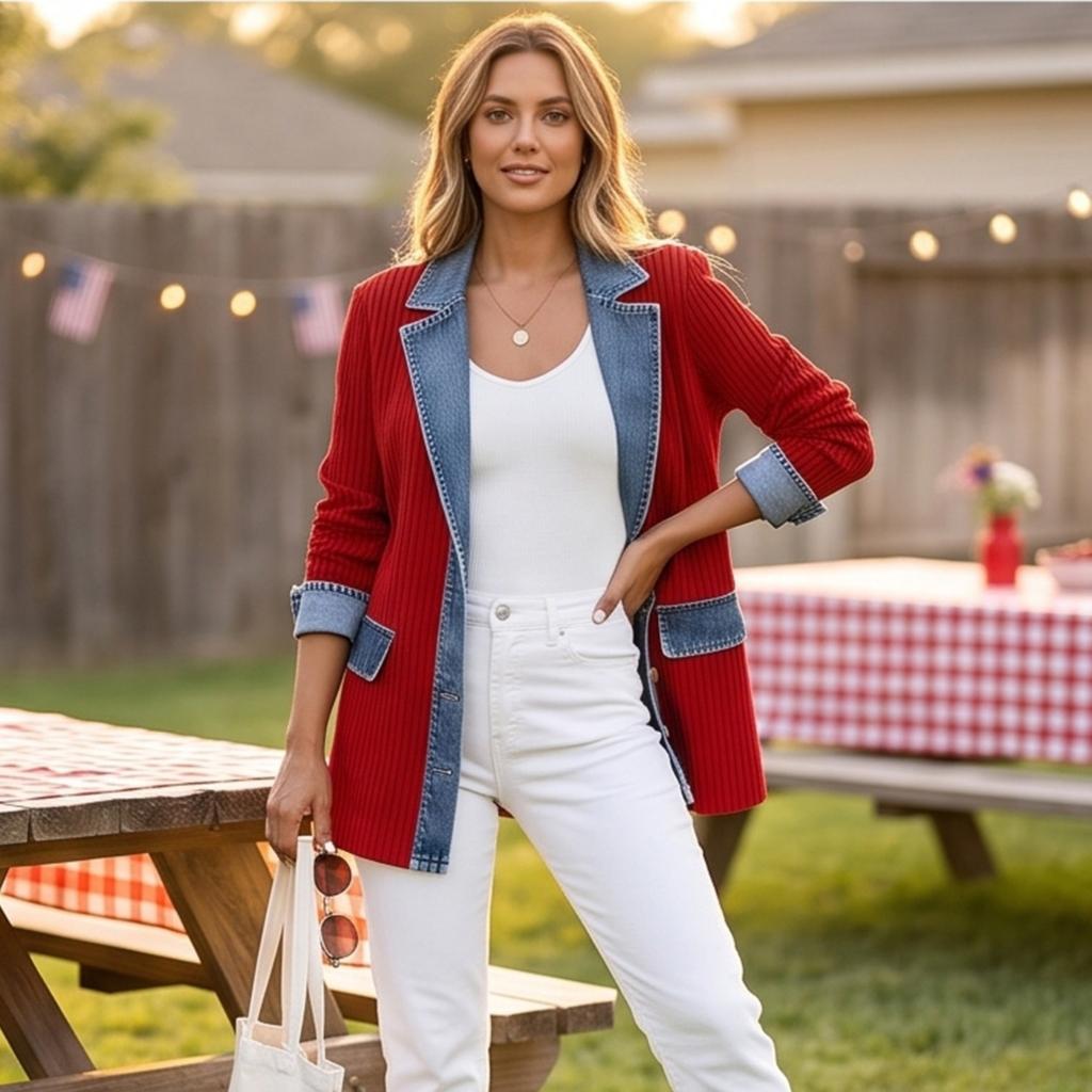 Women's Casual Denim Knit Patchwork Jacket with Lapel Collar for Everyday Wear