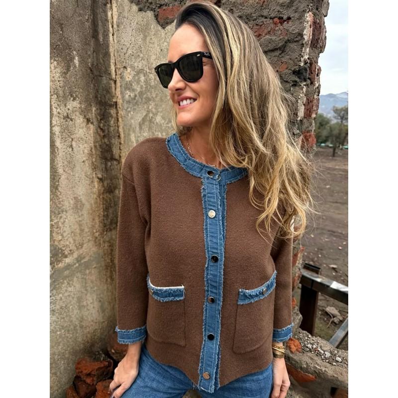 2026 Russian Fall Winter Womens Vintage Denim Knit Zip Cardigan Coat