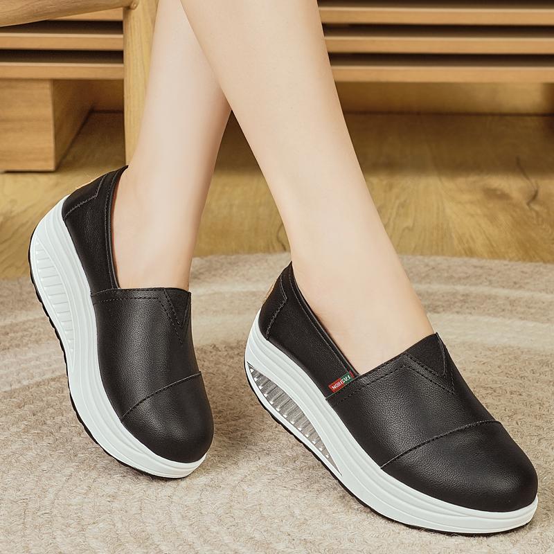 Women Platform Loafers Students Casual Black Leather Elevator Shoes Thick Sole Height Increase White Sneakers