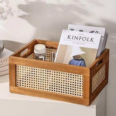 Retro Úložný box z masivního dřeva Stolní ratanový košík Knihy Svačiny Ovoce Kosmetika Organizér Boxy Domácí Koupelna Kuchyňský košík