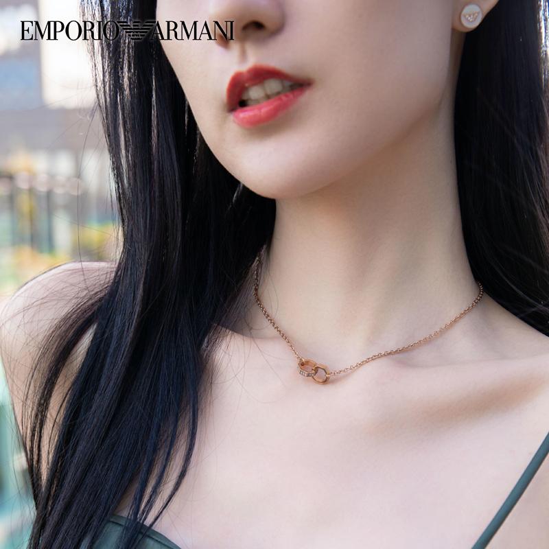 Emporio Armani Fashionable Double Ring Chain Clavicle Chain Stainless Steel Necklace Women's Rose Gold Rose Gold F ( Fits All) Basic Packaging