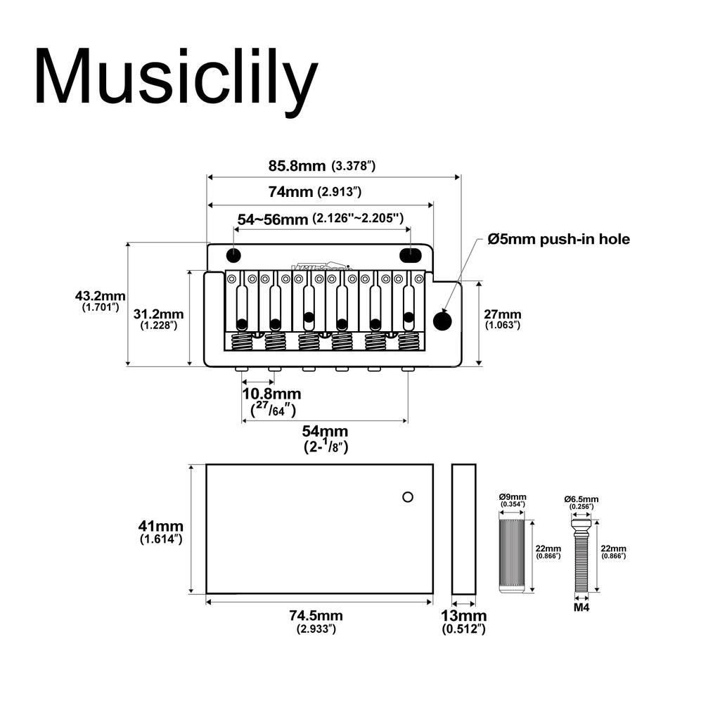 Wilkinson String Pitch Tremolo Unit Bridge with Full Block Steel Saddles for Import Strat Chrome WVP2-SB 10.8mm Two-Point Japan/Korea Guitars,