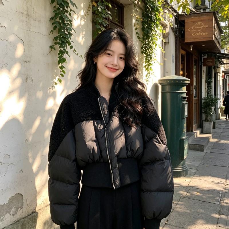 Womens Short Cotton Puffer Coat Winter Slim Fit Casual Warm Jacket Petite Ladies Stand Collar Zip Up Solid Color