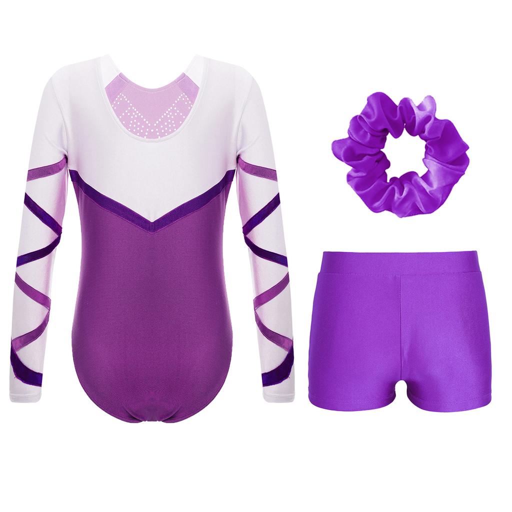 Dziewczęcy 3-częściowy strój do tańca, błyszczący trykot z długim rękawem, spodenki z przodu w kształcie litery V, opaska do włosów na zawody gimnastyczne